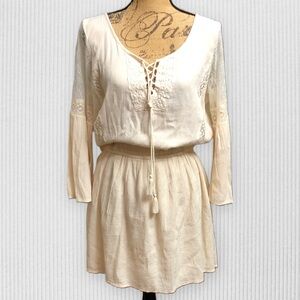 American Eagle MEDIUM Cream Boho Lace Peasant Elastic Waist Popover Dress